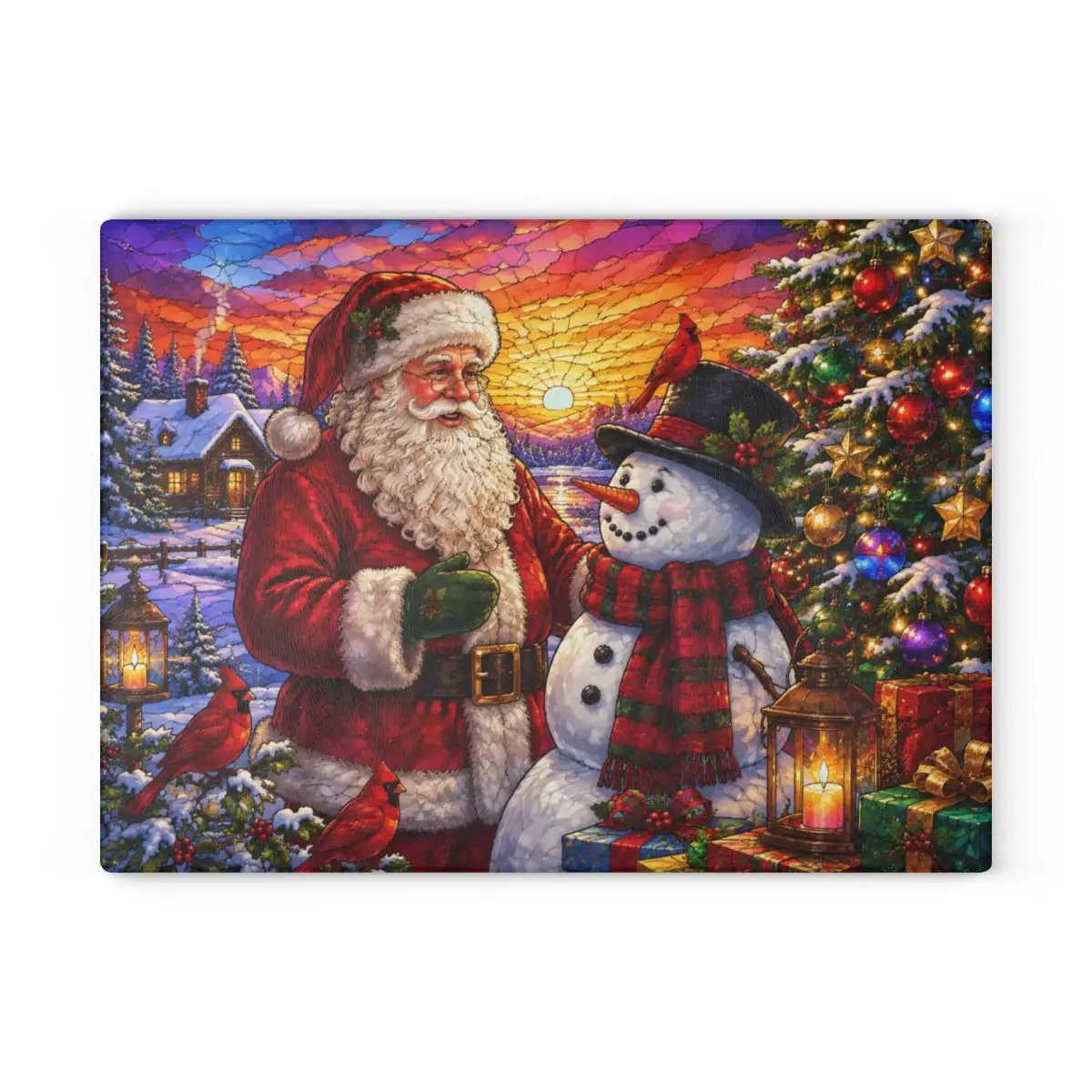Santa and Snowman Glass Cutting Board, Christmas Kitchen Decor, Cardinal Holiday Gift, Stained Glass Christmas Serving Board, Santa Decor