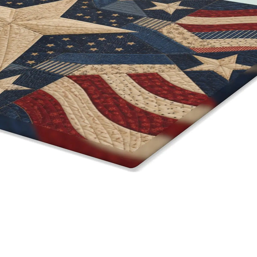 Patriotic Quilt Cutting Board, American Flag Glass Cutting Board, Americana Star Kitchen Decor, Quilter Gift, Red White Blue Decor
