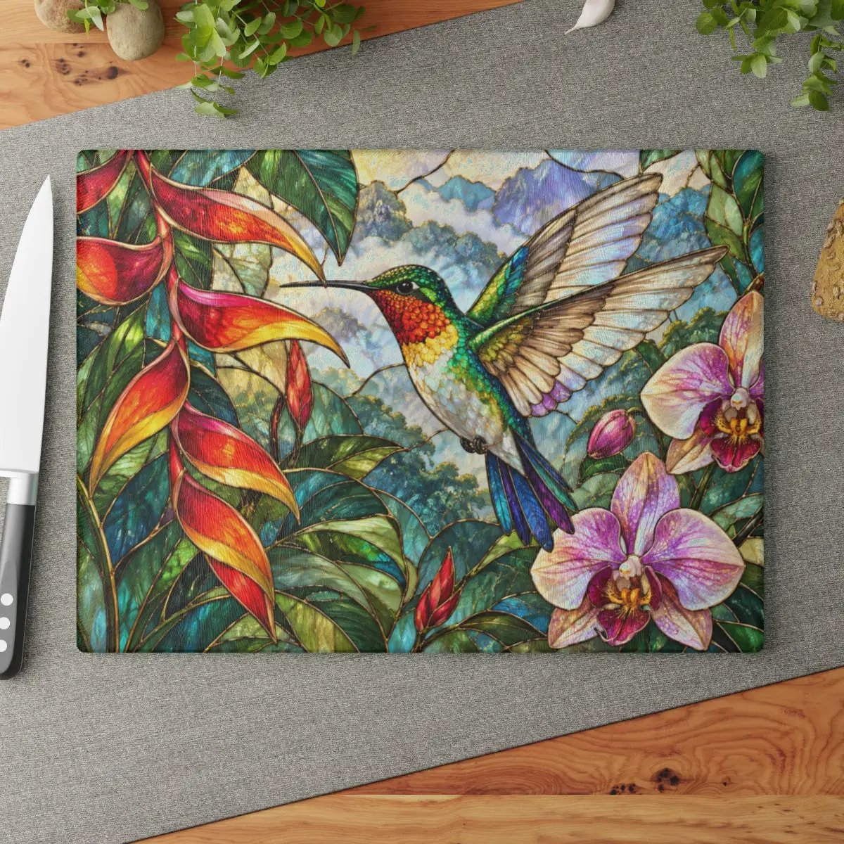 Hummingbird Cutting Board, Stained Glass Bird Decor, Tropical Orchid Kitchen Decor, Floral Hummingbird Gift, Nature Lover Gift