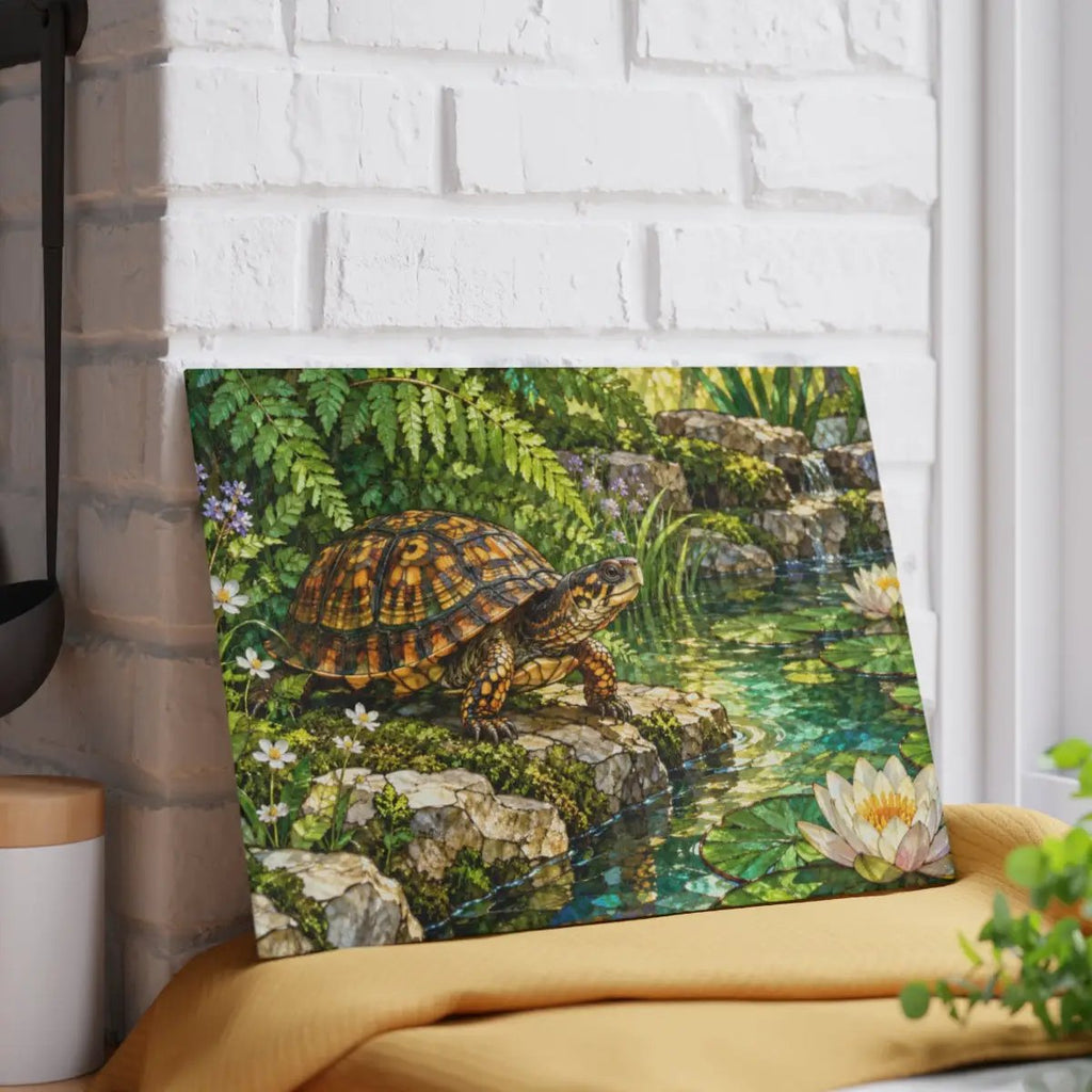 Box Turtle Glass Cutting Board, Pond Nature Kitchen Decor, Reptile Lover Gift, Wildlife Chopping Board, Decorative Tempered Glass Board