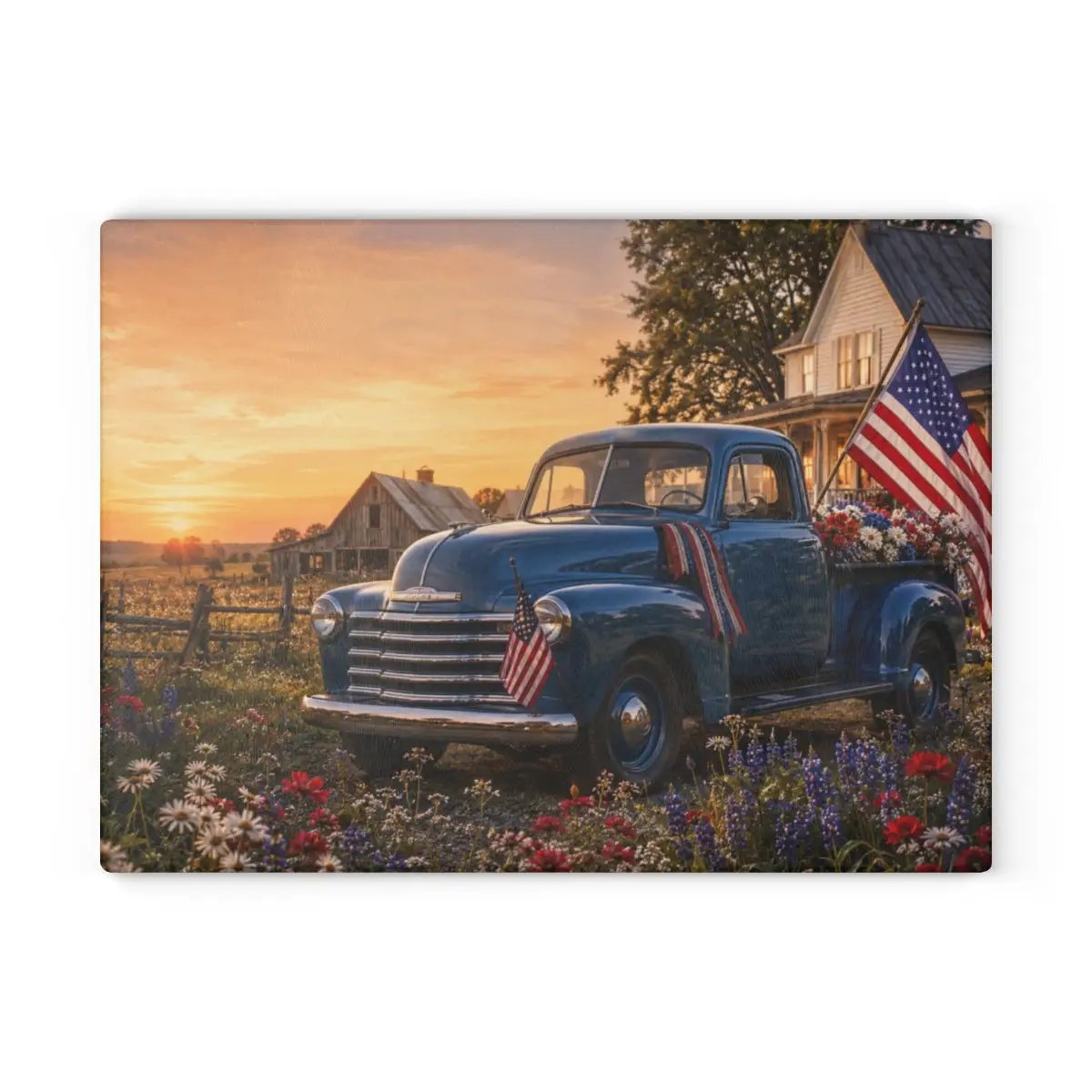 Blue Vintage Truck Glass Cutting Board, Patriotic Americana Farmhouse Kitchen Decor, Red White Blue Country Gift