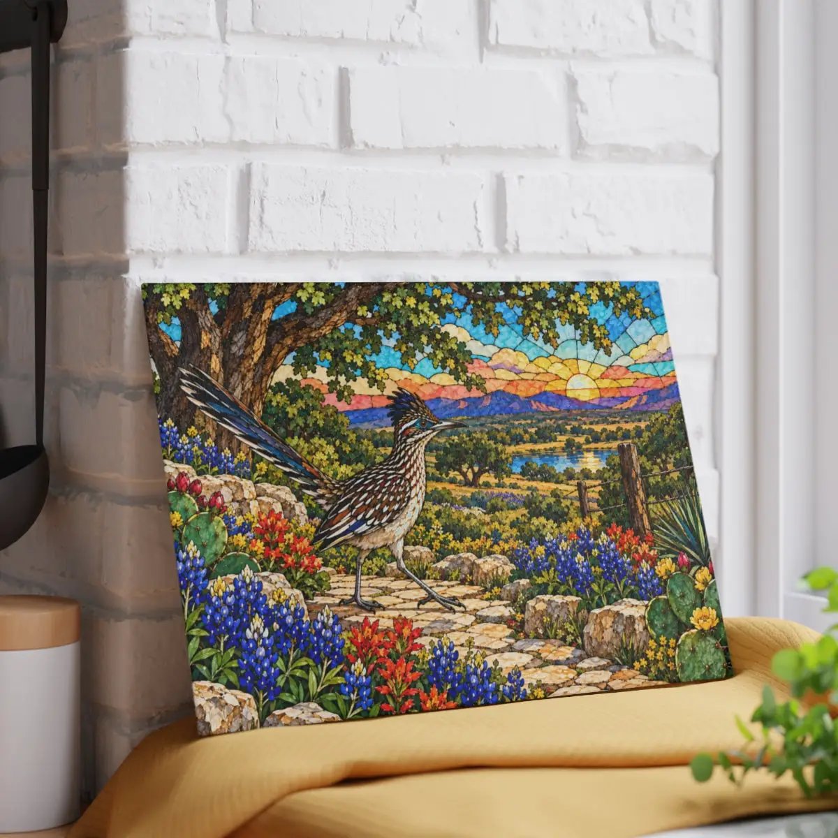 Texas Roadrunner Glass Cutting Board, Bluebonnet Kitchen Decor, Hill Country Wildlife Art, Southwestern Bird Gift, Texas Housewarming