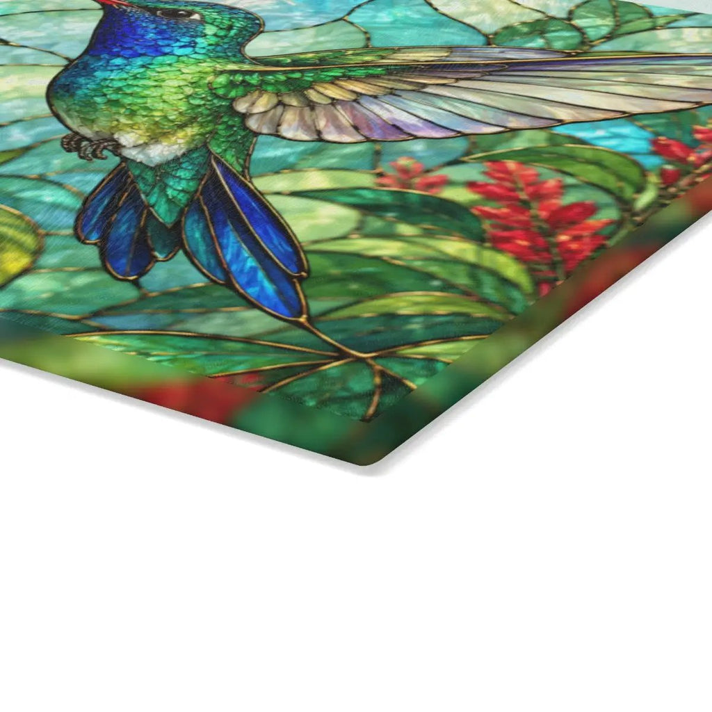 Hummingbird Cutting Board, Stained Glass Hummingbird Decor, Red Flower Kitchen Decor, Bird Lover Gift, Nature Inspired Gift