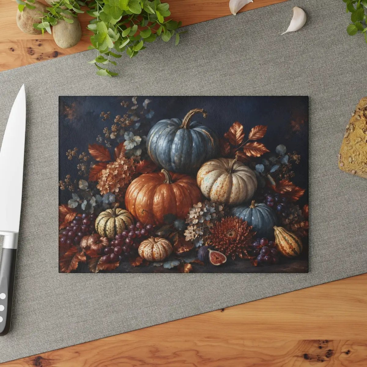 Blue Pumpkin Glass Cutting Board, Elegant Fall Kitchen Decor, Autumn Harvest Cutting Board, Thanksgiving Kitchen Gift