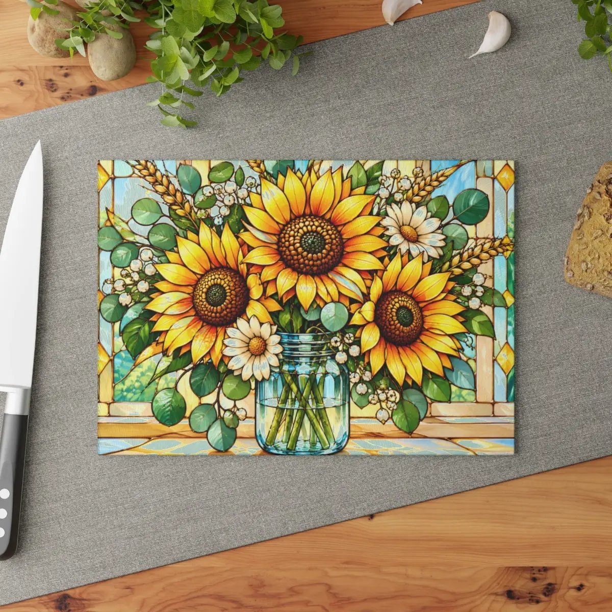 Sunflower Glass Cutting Board, Mason Jar Floral Kitchen Decor, Stained Glass Flower Board, Sunflower Gift for Mom, Cottage Kitchen Gift