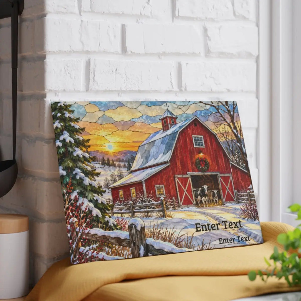 Christmas Red Barn Glass Cutting Board, Winter Farmhouse Decor, Cow Christmas Gift, Country Kitchen Decor, Farmhouse Holiday Gift