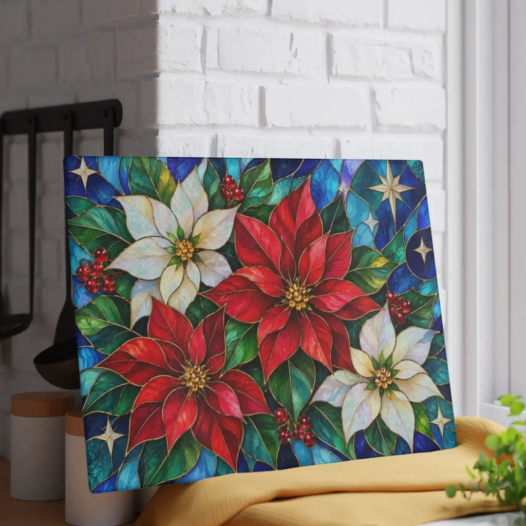Christmas Poinsettia Glass Cutting Board, Stained Glass Floral Kitchen Decor, Holiday Serving Board, Festive Christmas Kitchen Gift