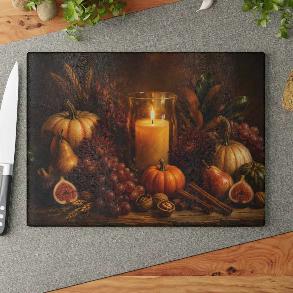 Fall Candle Glass Cutting Board, Cozy Autumn Kitchen Decor, Pumpkin Harvest Cutting Board, Thanksgiving Hostess Gift