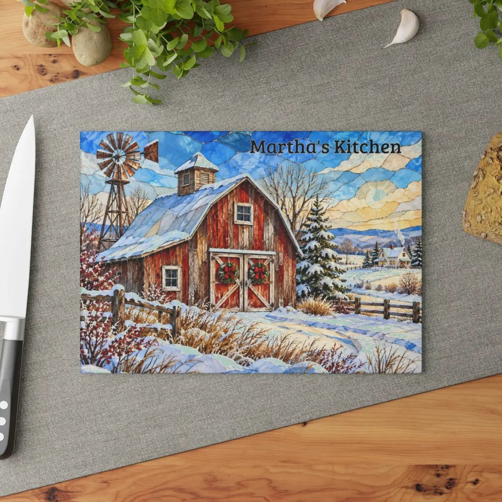 Winter Windmill Farm Glass Cutting Board, Red Barn Country Kitchen Decor, Rustic Farmhouse Christmas Gift