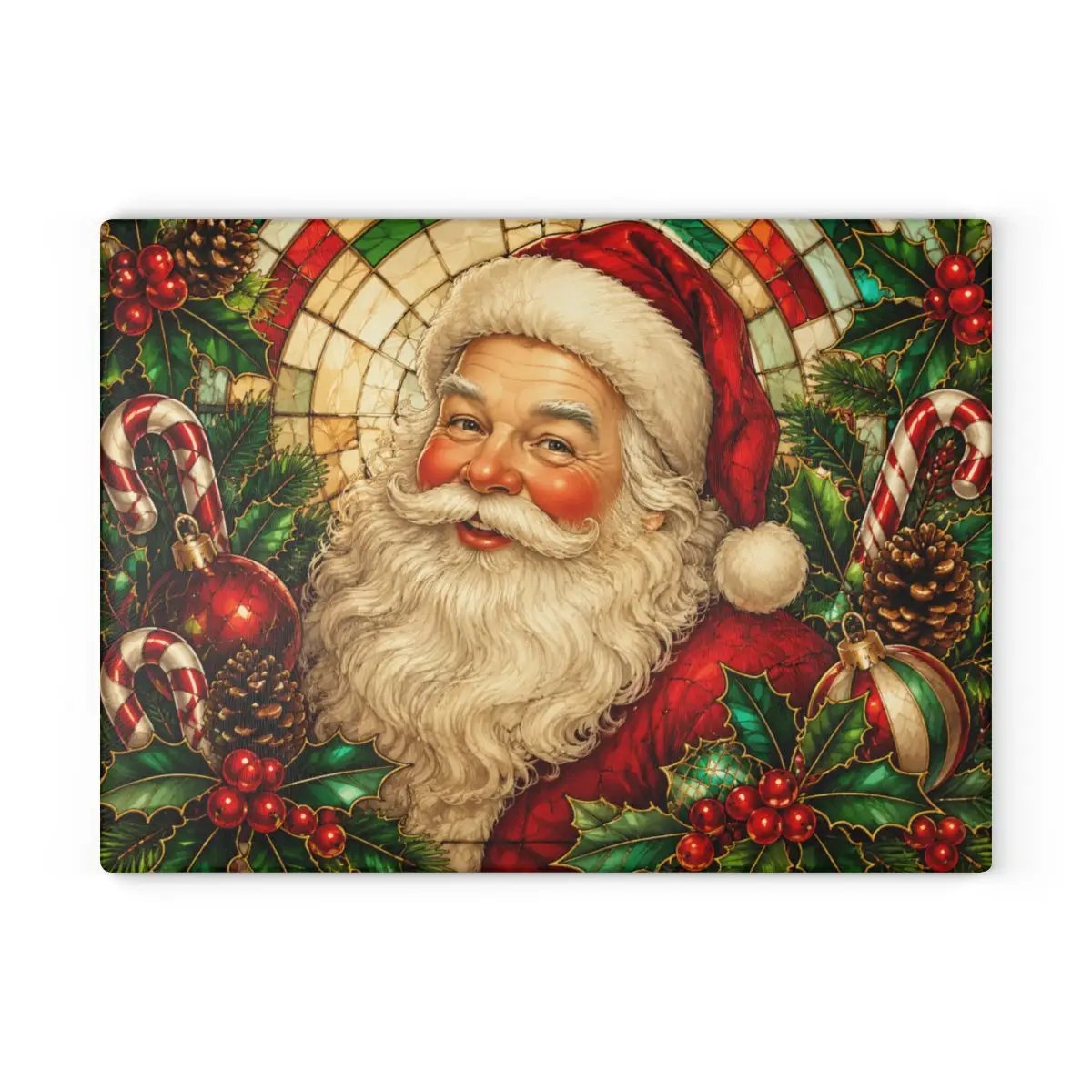 Vintage Santa Glass Cutting Board, Stained Glass Christmas Decor, Santa Claus Kitchen Decor, Holiday Serving Board, Christmas Gift