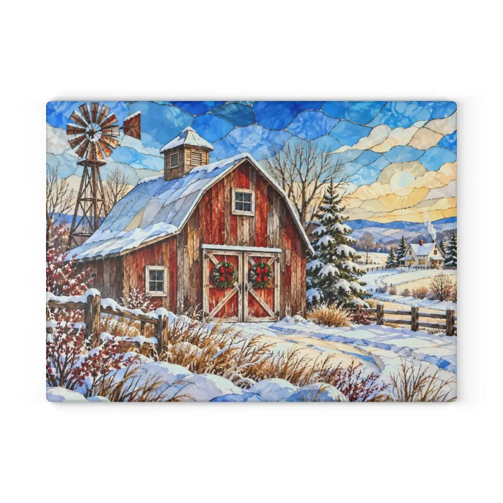 Personalized Winter Barn Cutting Board, Country Farmhouse Kitchen Decor, Stained Glass Farm Scene, Rustic Christmas Gift, Custom Family Gift