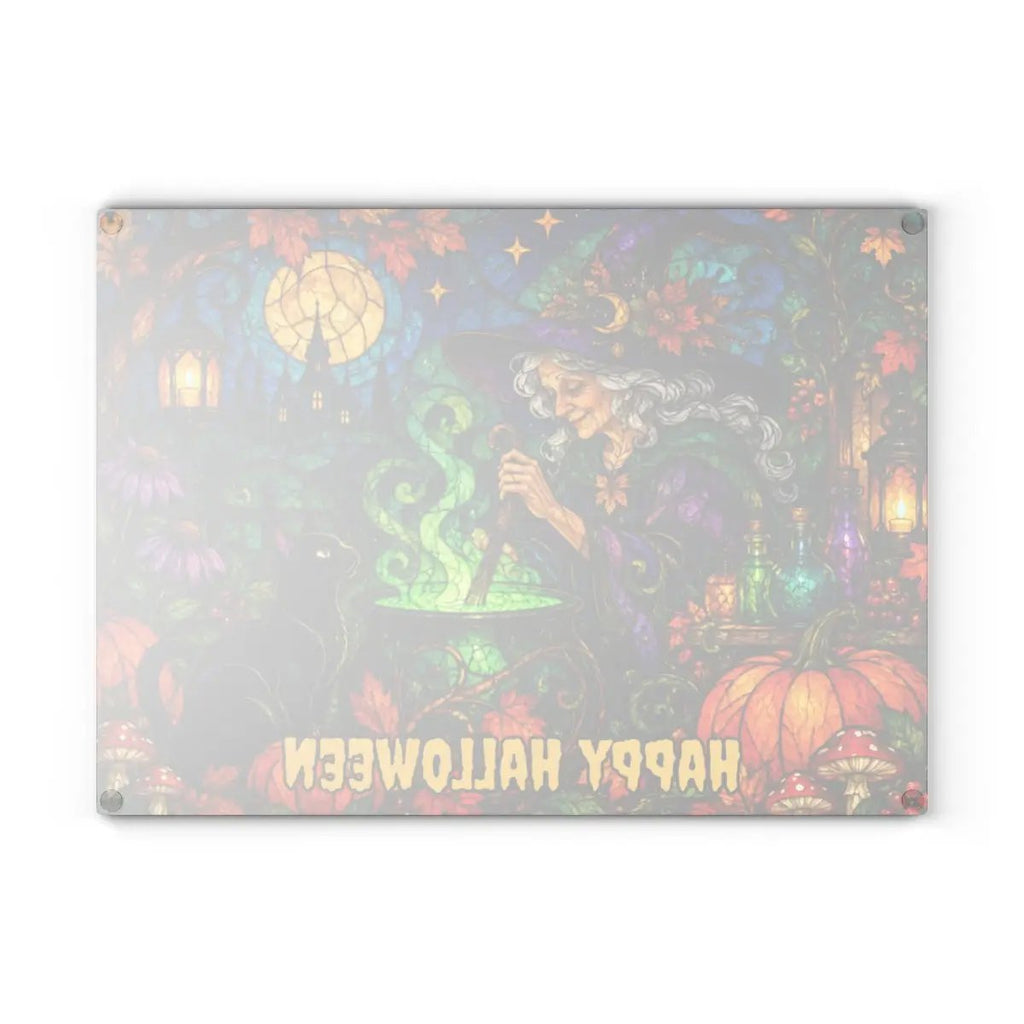 Halloween Witch Cauldron Personalized Glass Cutting Board, Spooky Black Cat Kitchen Decor