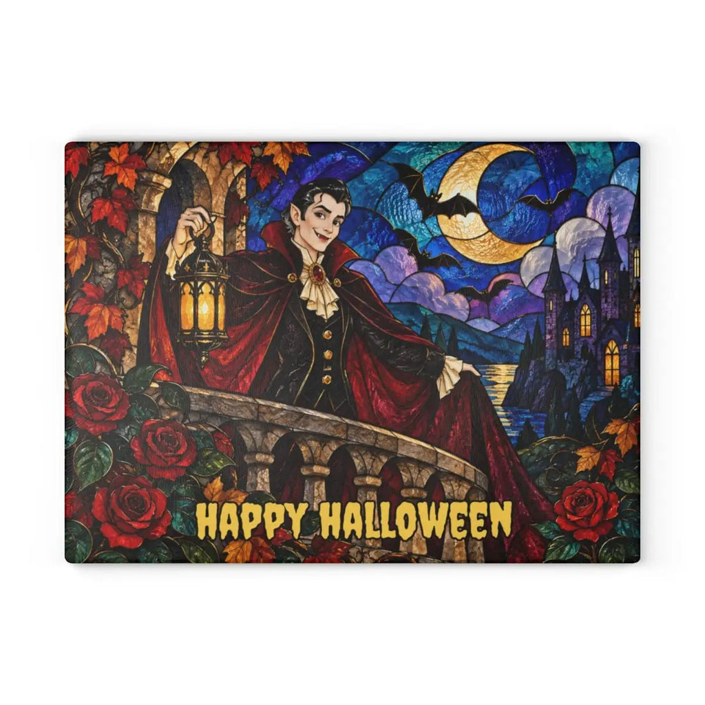 Halloween Dracula Personalized Glass Cutting Board, Spooky Vampire Kitchen Decor