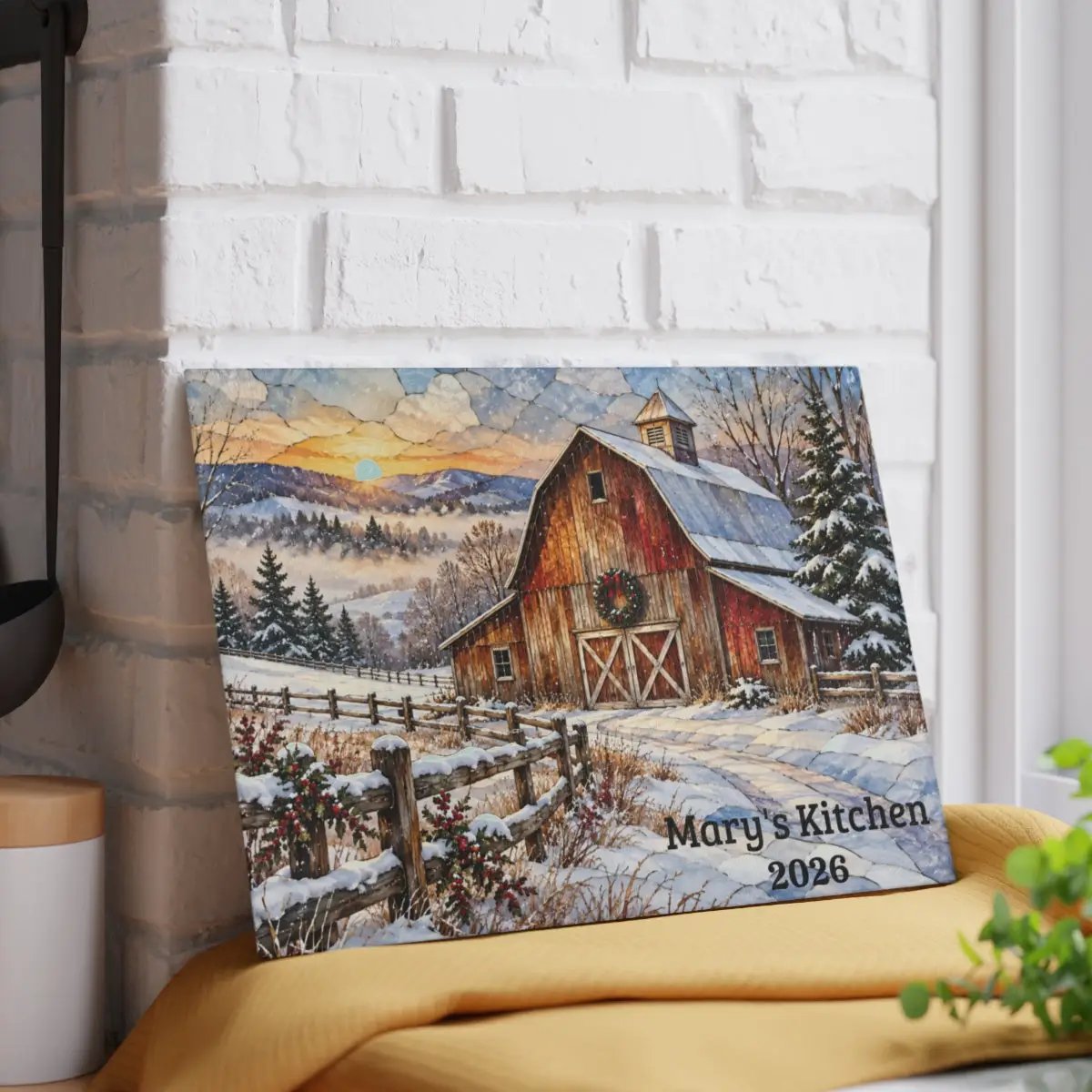 Snowfall Ridge Winter Barn Personalized Cutting Board, Country Farmhouse Kitchen Decor, Stained Glass Farm Scene, Rustic Christmas Gift, Custom Family Gift