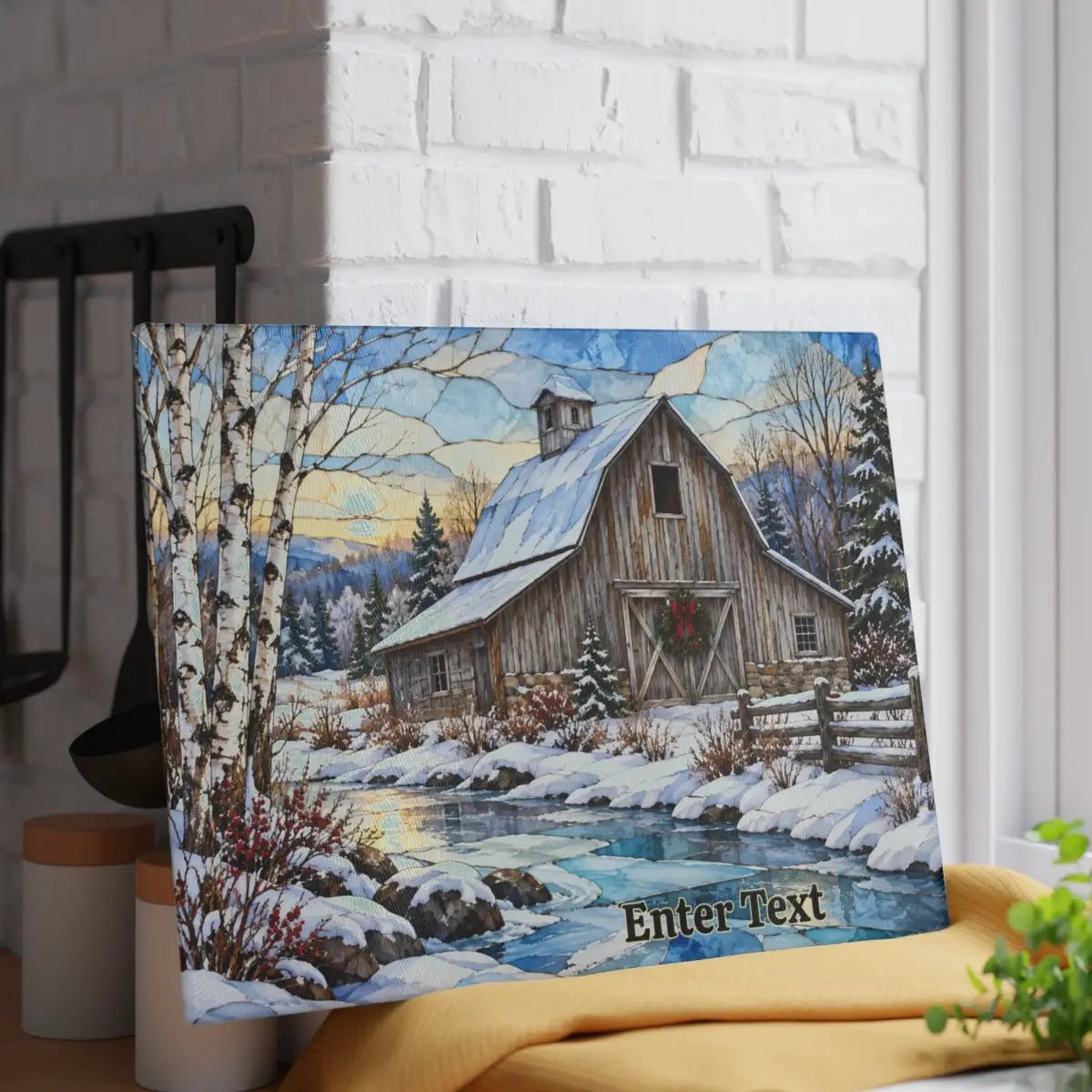 Country Winter Barn Glass Cutting Board, Snowy Farmhouse Kitchen Decor, Rustic Christmas Gift, Winter Barn Kitchen Board