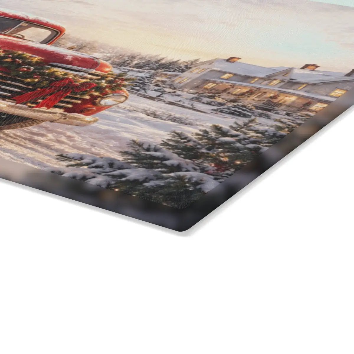 Christmas Glass Cutting Board, Red Vintage Truck Christmas Decor, Snowy Farmhouse Kitchen Decor, Rustic Holiday Gift
