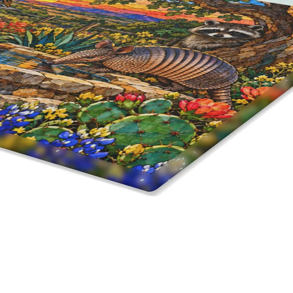 Texas Wildlife Glass Cutting Board, Roadrunner Armadillo Raccoon Bluebonnet Kitchen Decor, Waterhole Texas Gift, Colorful Southwest Art