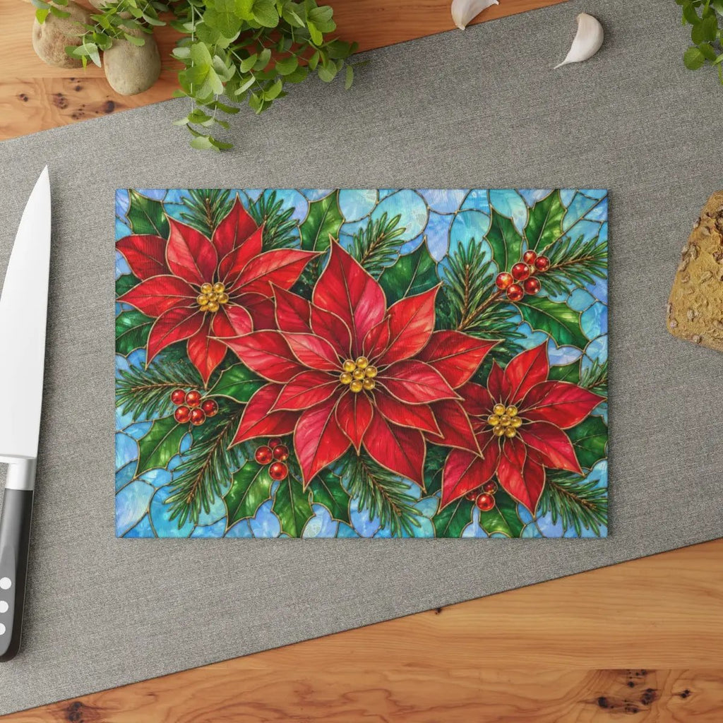 Christmas Poinsettia Glass Cutting Board, Evergreen Holiday Kitchen Decor, Red Floral Serving Board, Festive Winter Cooking Gift Idea