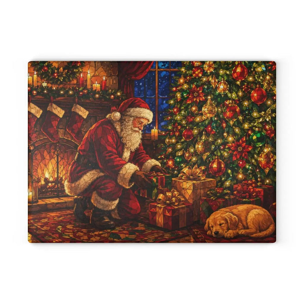 Santa Christmas Glass Cutting Board, Santa and Puppy Kitchen Decor, Christmas Eve Serving Board, Stained Glass Holiday Gift, Santa Decor
