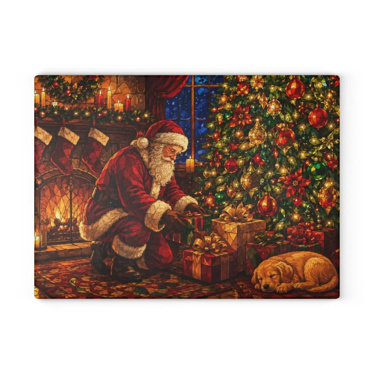 Santa Christmas Glass Cutting Board, Santa and Puppy Kitchen Decor, Christmas Eve Serving Board, Stained Glass Holiday Gift, Santa Decor
