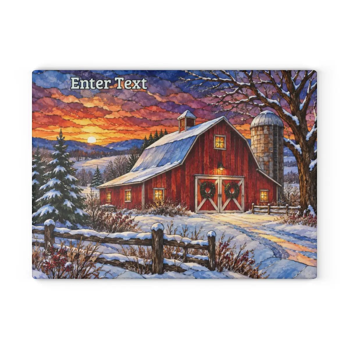 Winter Red Barn Glass Cutting Board, Country Christmas Kitchen Decor, Farmhouse Cutting Board, Rustic Winter Barn Gift
