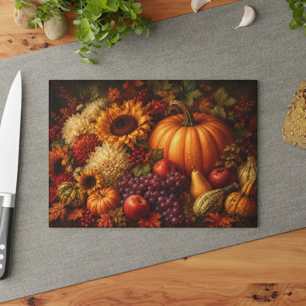 Fall Glass Cutting Board, Pumpkin Sunflower Kitchen Decor, Autumn Harvest Cutting Board, Thanksgiving Kitchen Gift