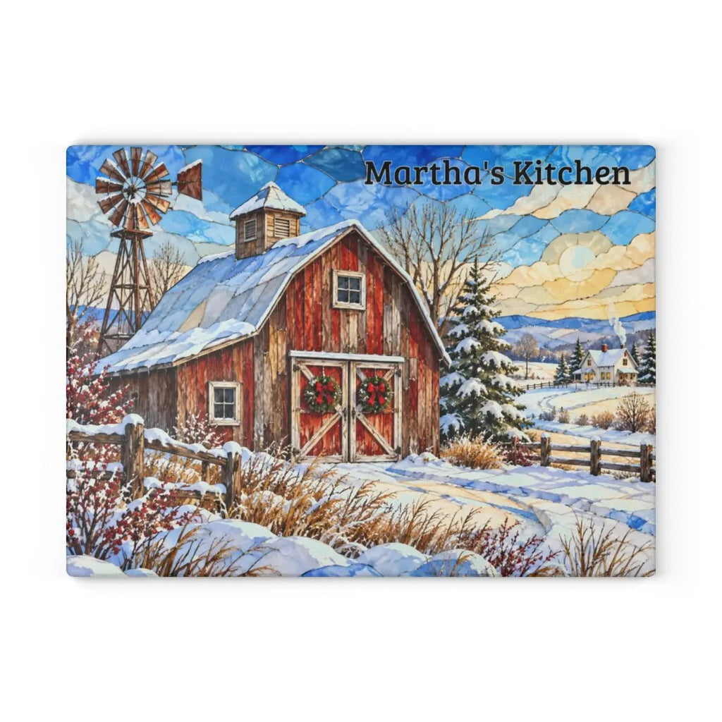 Winter Windmill Farm Glass Cutting Board, Red Barn Country Kitchen Decor, Rustic Farmhouse Christmas Gift