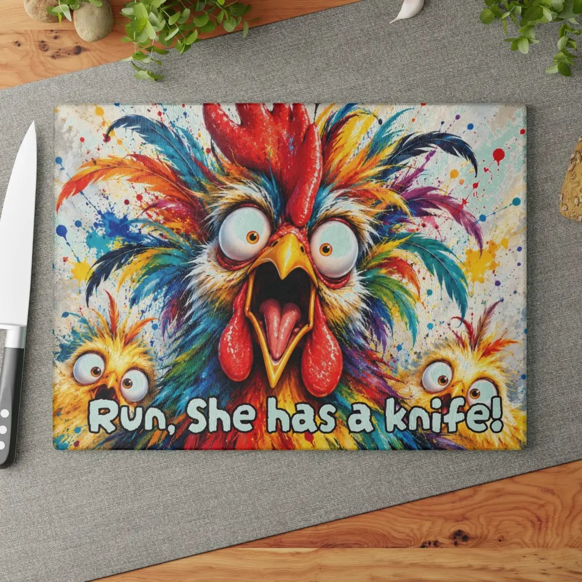 Rainbow Rooster Cutting Board, Funny Screaming Chicken Kitchen Decor, Colorful Rooster Gift, Chicken Lover Farmhouse Decor