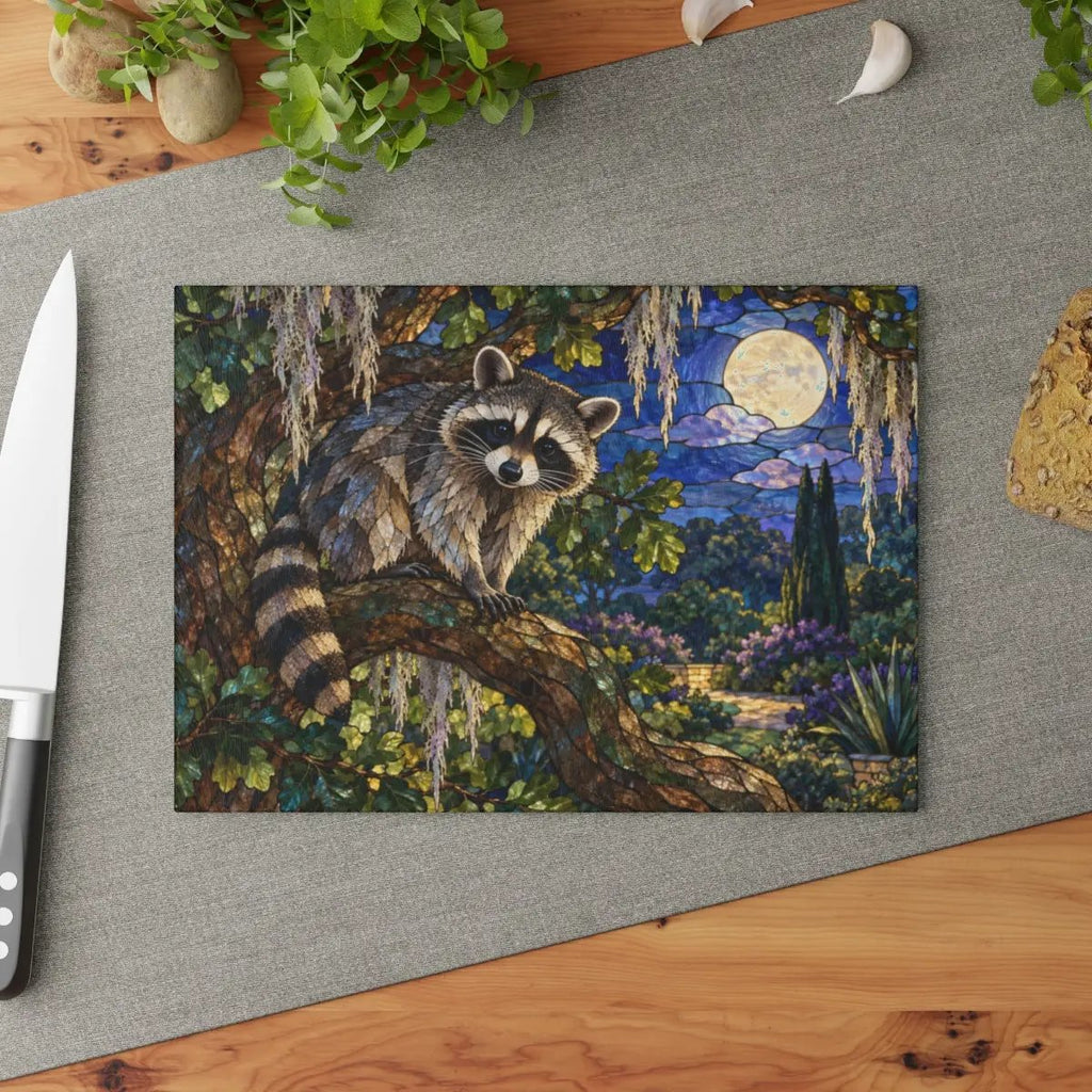 Raccoon Glass Cutting Board, Woodland Kitchen Decor, Moonlit Forest Chopping Board, Wildlife Lover Gift, Rustic Nature Kitchen Accent