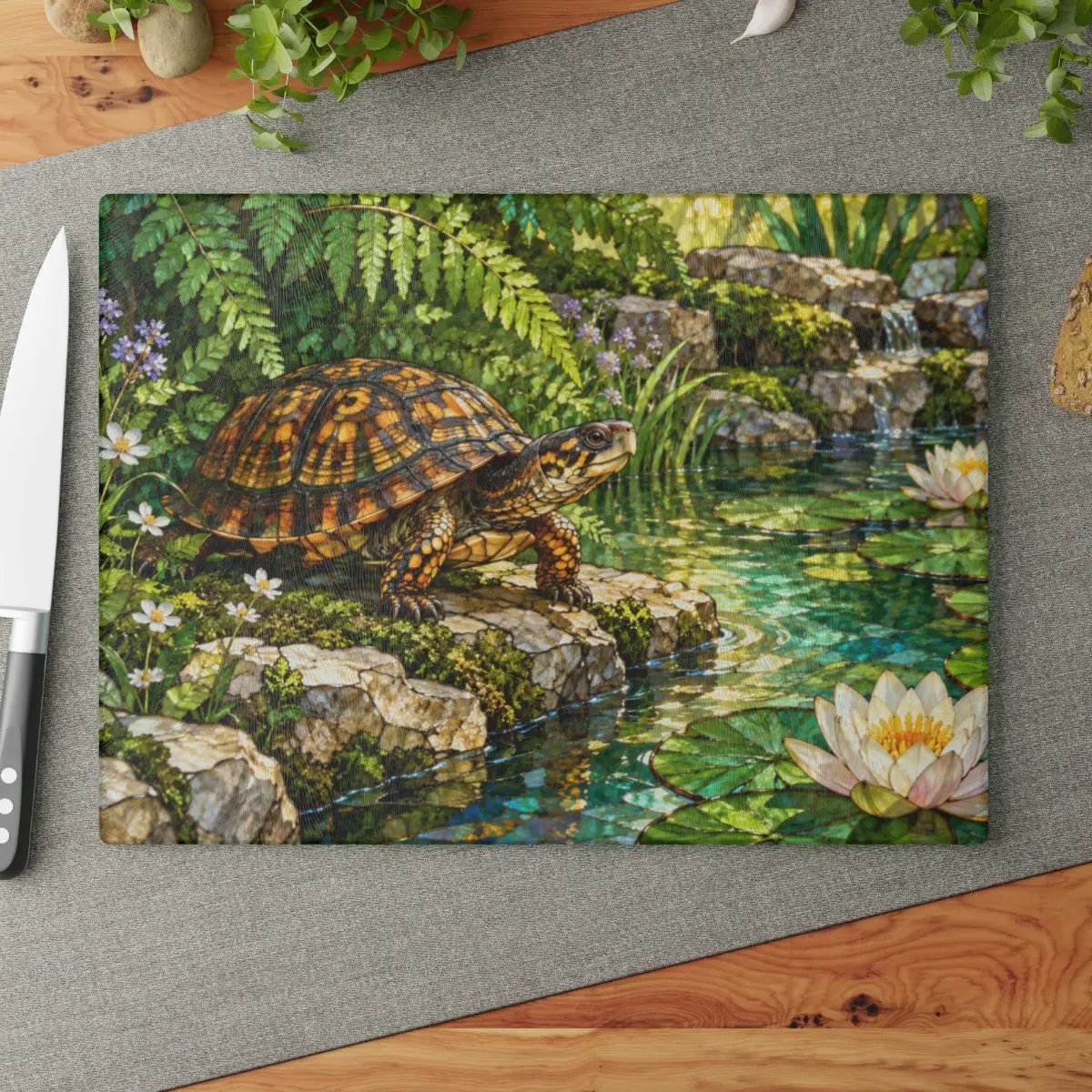 Box Turtle Glass Cutting Board, Pond Nature Kitchen Decor, Reptile Lover Gift, Wildlife Chopping Board, Decorative Tempered Glass Board