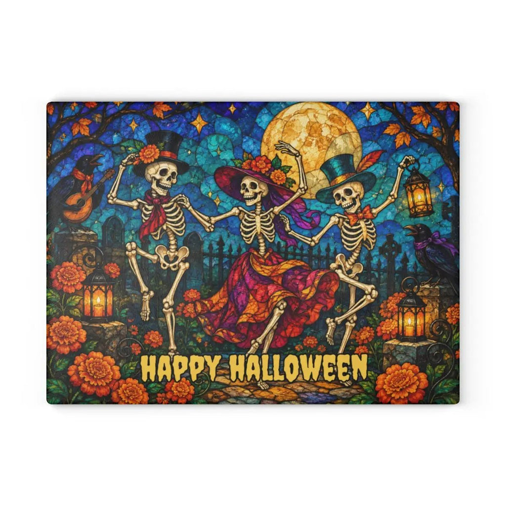 Halloween Dancing Skeletons Personalized Glass Cutting Board, Spooky Pumpkin Kitchen Decor