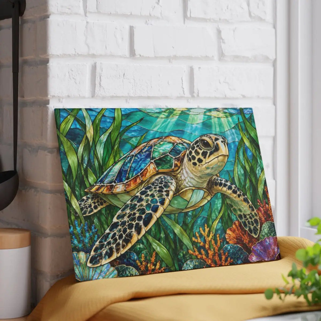 Sea Turtle Glass Cutting Board, Ocean Kitchen Decor, Marine Life Chopping Board, Coastal Cooking Gift, Underwater Turtle Artwork, Coral Reef