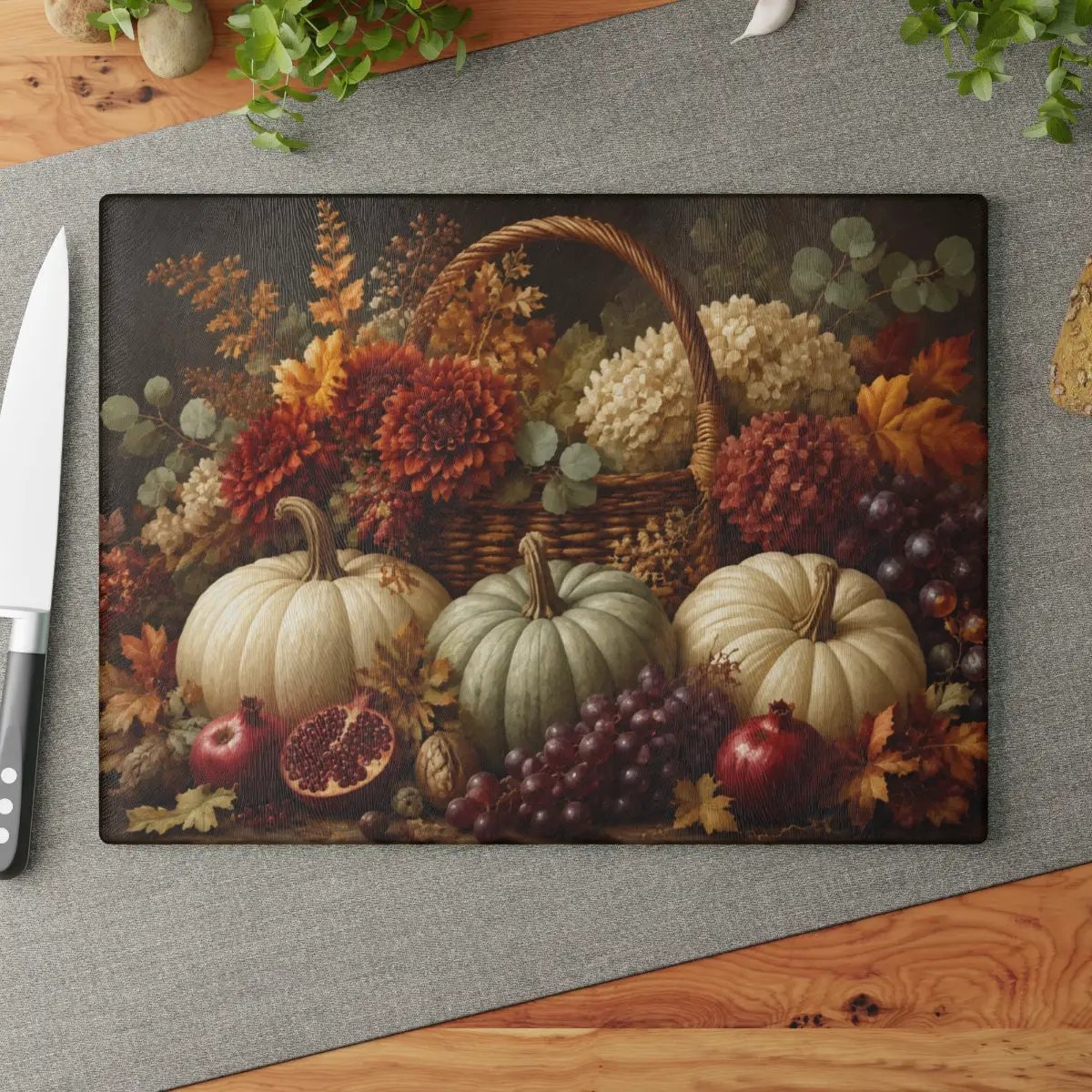White Pumpkin Glass Cutting Board, Elegant Fall Kitchen Decor, Autumn Floral Cutting Board, Thanksgiving Hostess Gift
