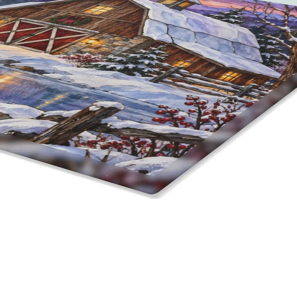Evergreen Winter Barn Glass Cutting Board, Country Farmhouse Kitchen Decor, Snowy Mountain Barn Christmas Gift