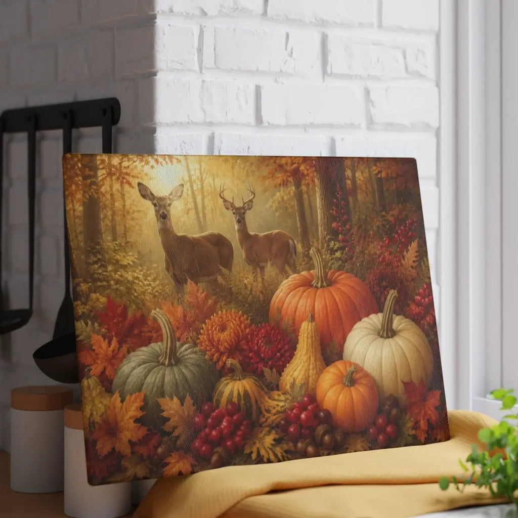 Deer Glass Cutting Board, Woodland Fall Kitchen Decor, Pumpkin Harvest Cutting Board, Rustic Autumn Gift