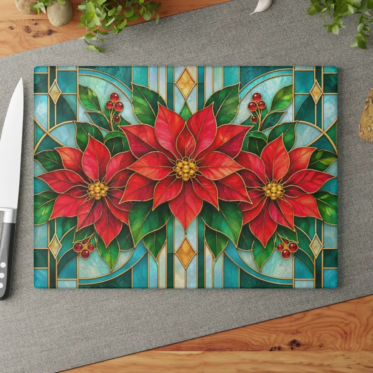 Christmas Poinsettia Glass Cutting Board, Stained Glass Floral Kitchen Decor, Holiday Serving Board, Festive Cooking Gift for Home Chefs