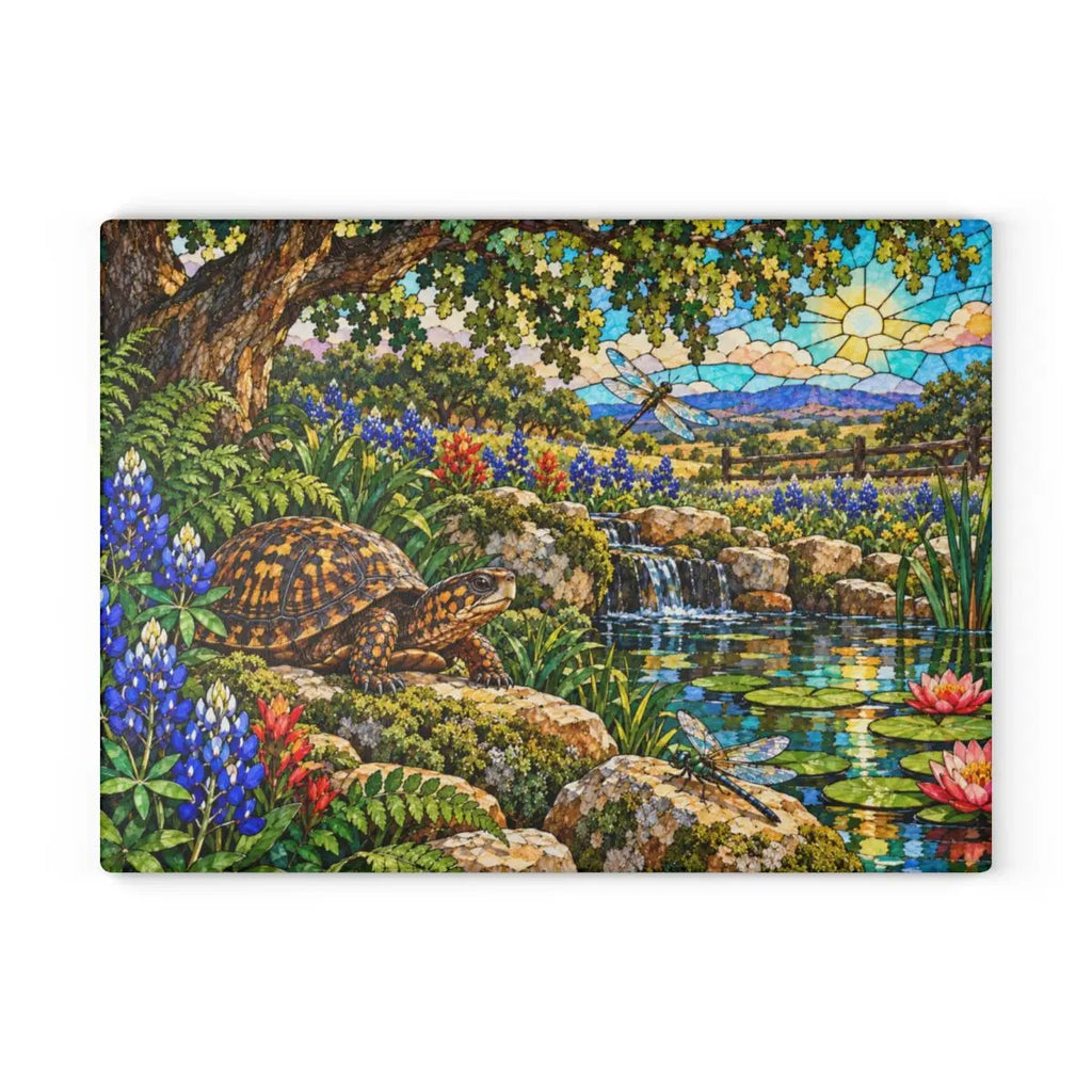 Box Turtle Glass Cutting Board, Texas Bluebonnet Kitchen Decor, Turtle and Dragonfly Gift, Wildlife Garden Cutting Board, Nature Decor