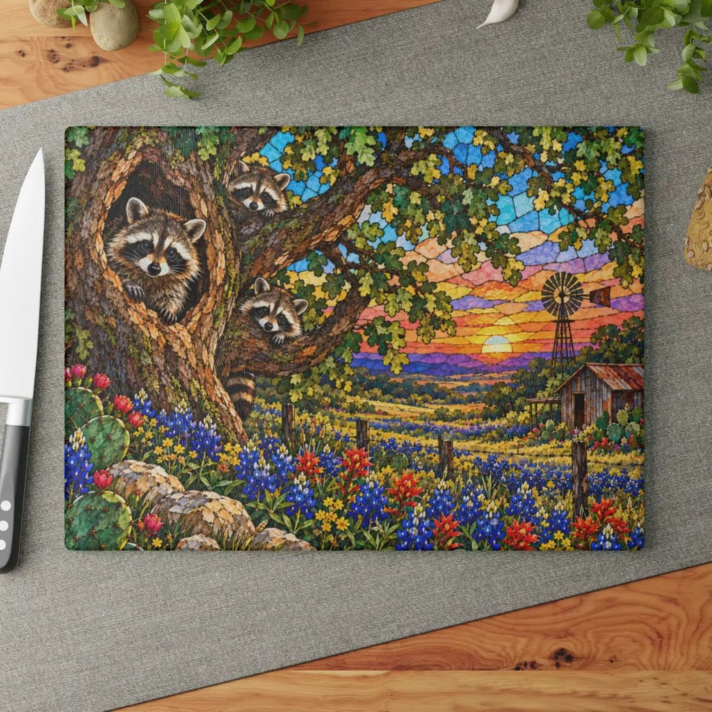 Raccoon Family Glass Cutting Board, Raccoon Lover Gift, Texas Bluebonnet Kitchen Decor, Country Wildlife Cutting Board, Rustic Farmhouse Gift