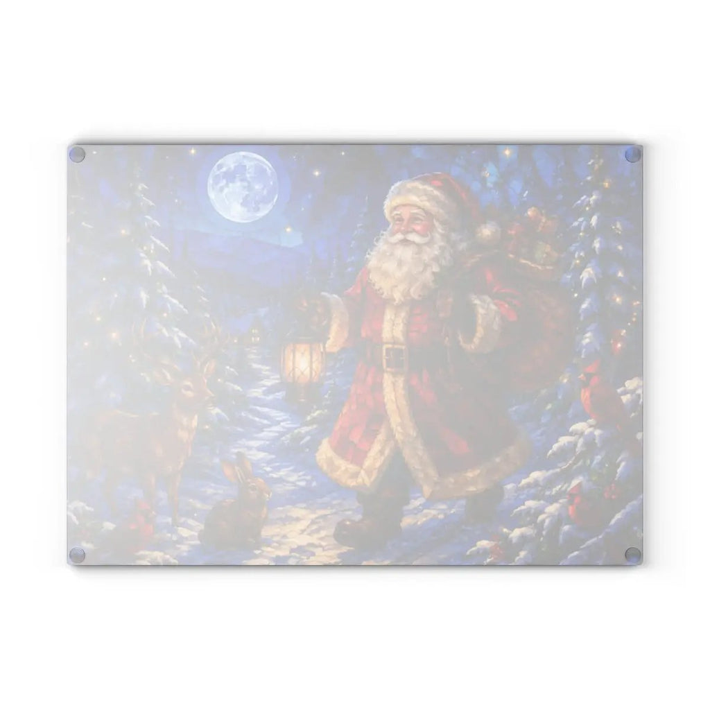 Santa Christmas Glass Cutting Board, Woodland Santa Kitchen Decor, Stained Glass Christmas Art, Cardinal Deer Holiday Gift