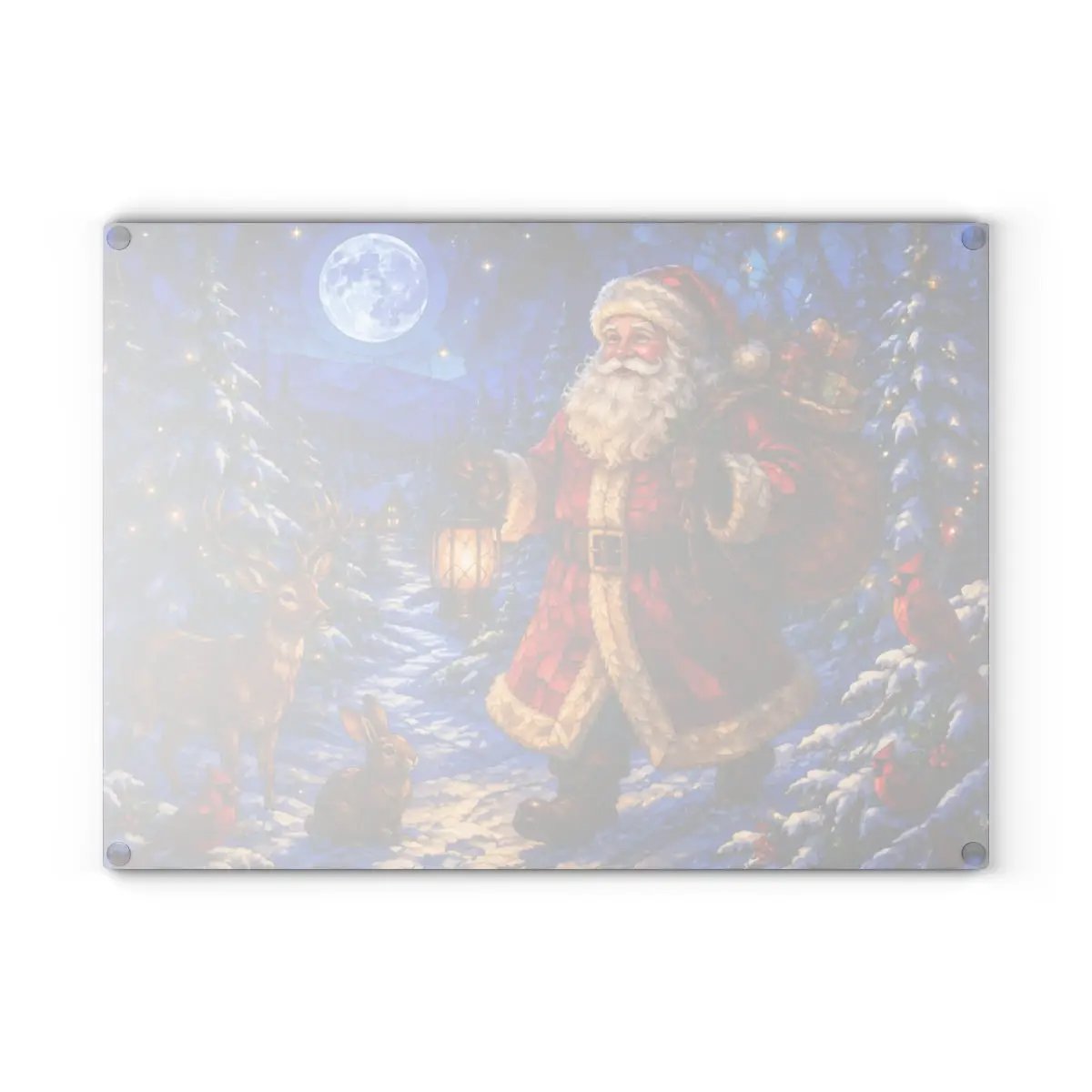 Santa Christmas Glass Cutting Board, Woodland Santa Kitchen Decor, Stained Glass Christmas Art, Cardinal Deer Holiday Gift
