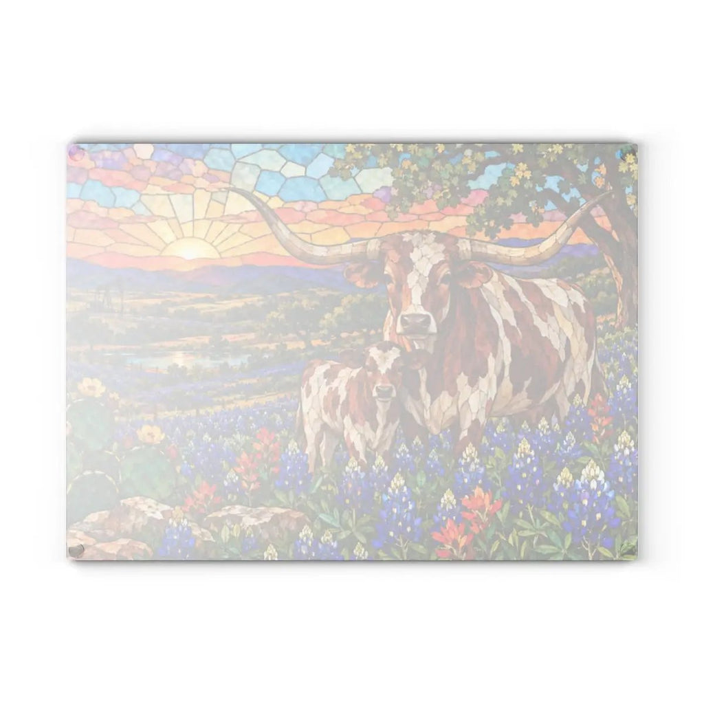 Texas Longhorn Glass Cutting Board, Cow and Calf Bluebonnet Kitchen Decor, Western Ranch Gift, Texas Kitchen Decor, Stained Glass Style