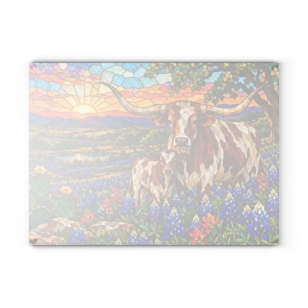 Texas Longhorn Glass Cutting Board, Cow and Calf Bluebonnet Kitchen Decor, Western Ranch Gift, Texas Kitchen Decor, Stained Glass Style