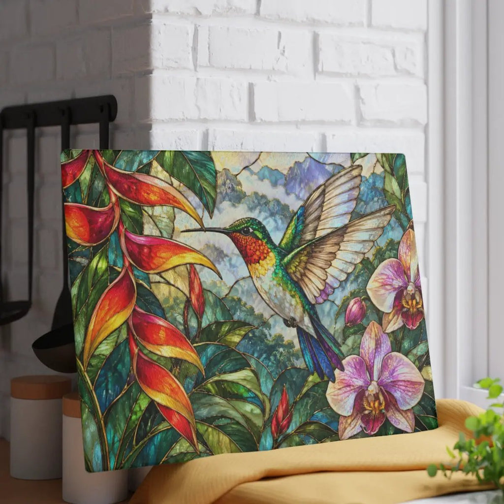 Hummingbird Cutting Board, Stained Glass Bird Decor, Tropical Orchid Kitchen Decor, Floral Hummingbird Gift, Nature Lover Gift