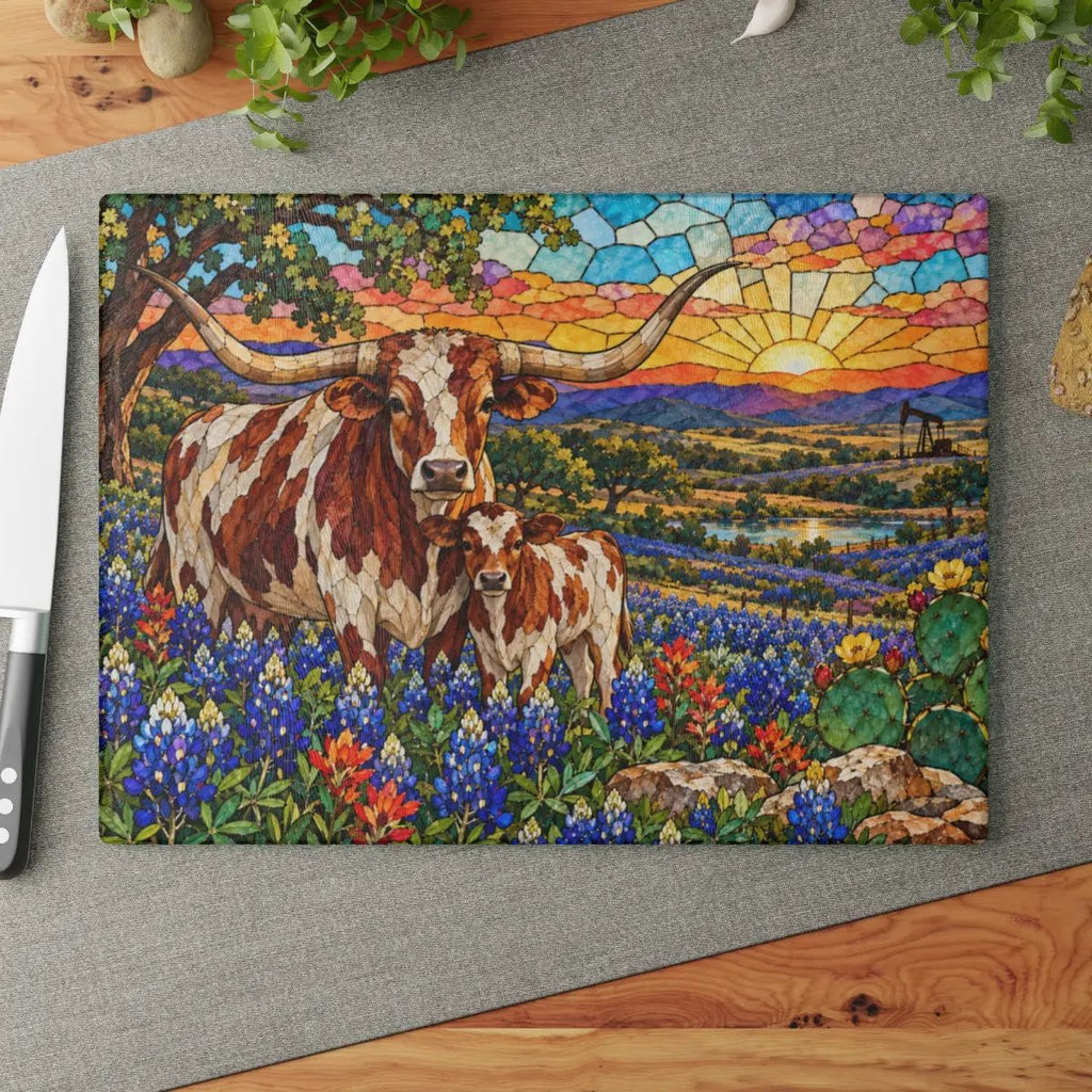 Texas Longhorn Glass Cutting Board, Cow and Calf Bluebonnet Kitchen Decor, Western Ranch Gift, Texas Kitchen Decor, Stained Glass Style