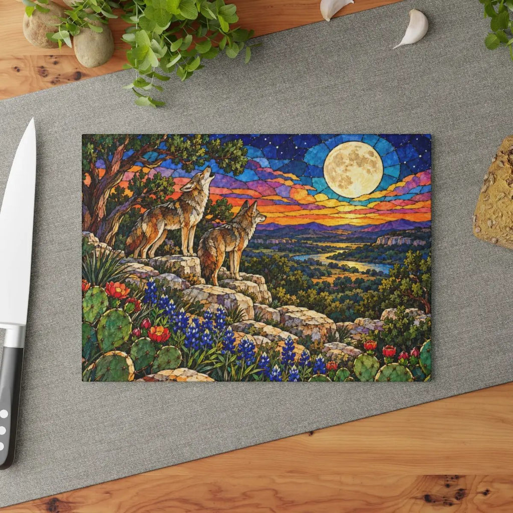 Texas Coyote Glass Cutting Board, Call of the Wild Moonlight Decor, Bluebonnet Kitchen Art, Western Wildlife Gift, Texas Kitchen Decor