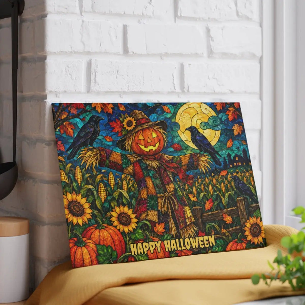 Halloween Scarecrow Personalized Glass Cutting Board, Spooky Pumpkin Kitchen Decor
