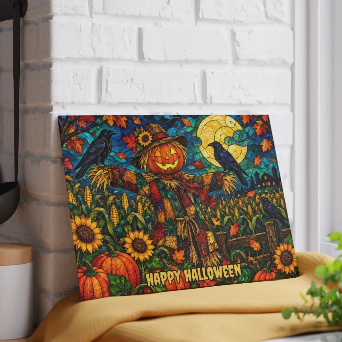 Halloween Scarecrow Personalized Glass Cutting Board, Spooky Pumpkin Kitchen Decor