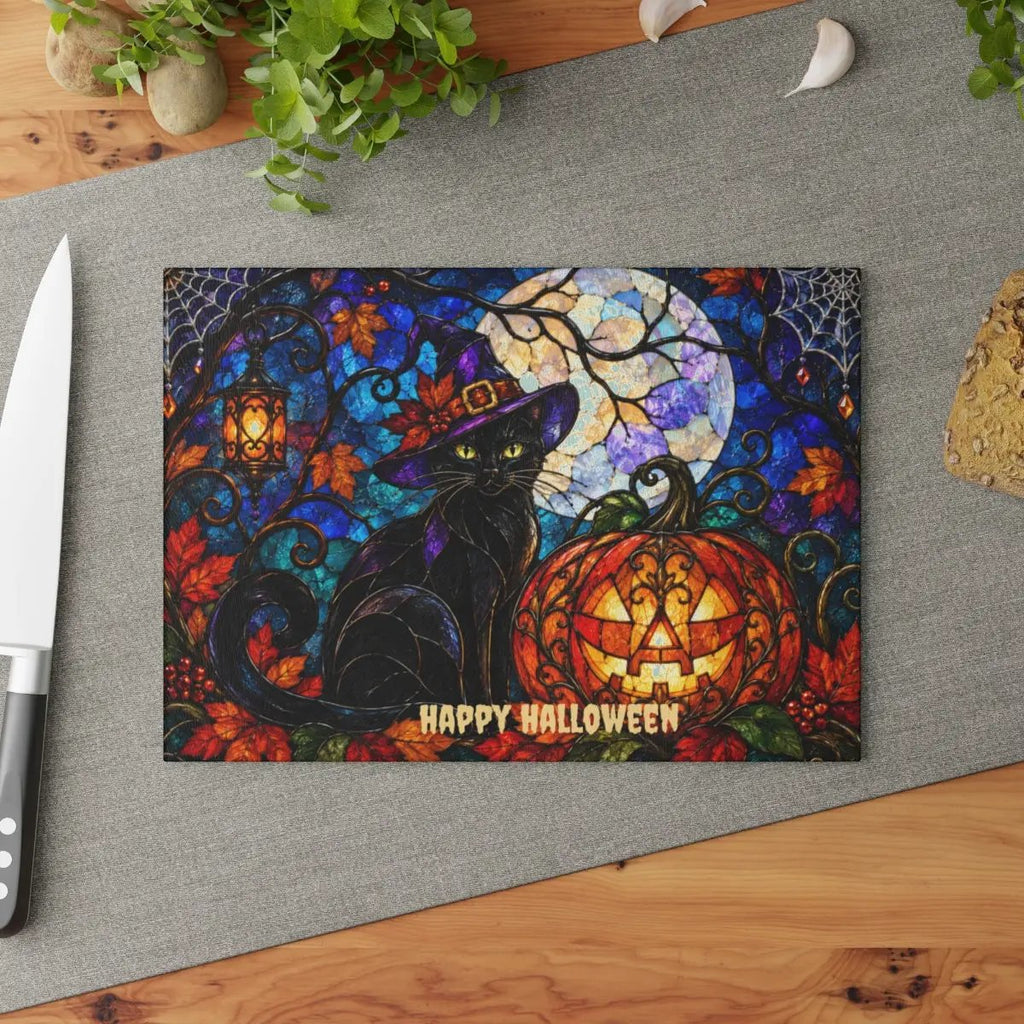 Halloween Black Witch Cat Personalized Glass Cutting Board, Spooky Pumpkin Kitchen Decor