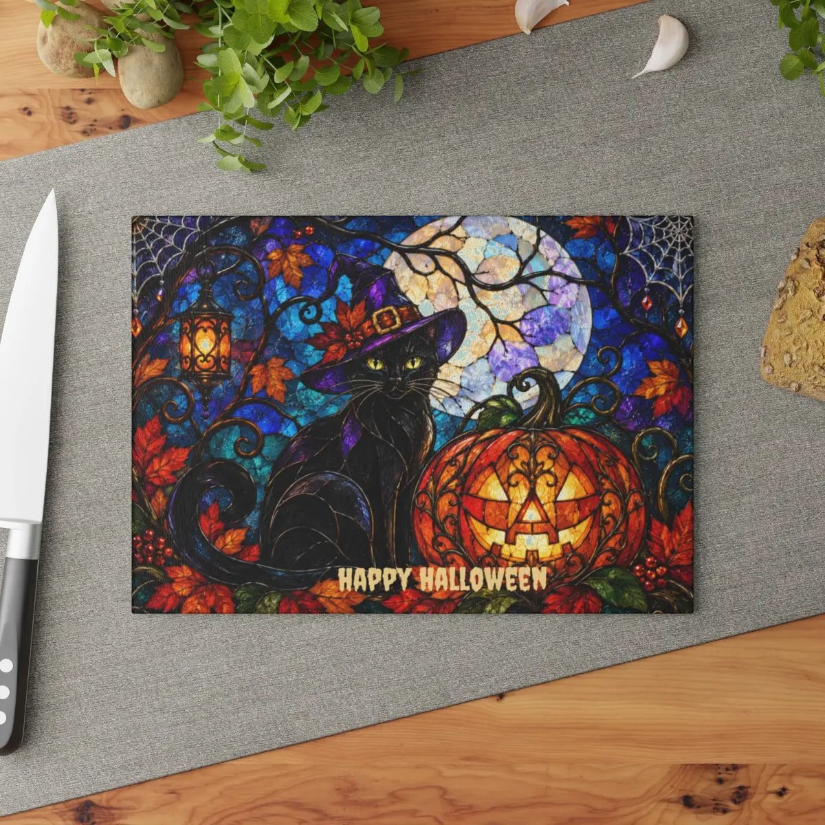 Halloween Black Witch Cat Personalized Glass Cutting Board, Spooky Pumpkin Kitchen Decor