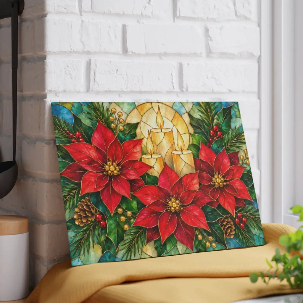 Christmas Poinsettia Glass Cutting Board, Holiday Candle Kitchen Decor, Tempered Chopping Board, Festive Winter Kitchen Gift Idea
